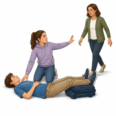A fainted student lies on their back with legs elevated while help is nearby.