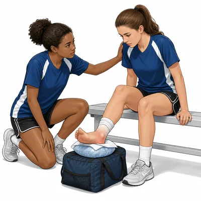 A twisted ankle is elevated and cooled with a wrapped ice pack.