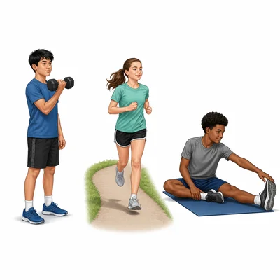 Three students demonstrate strength, endurance, and flexibility activities.