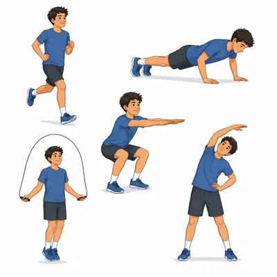 Workout activities include jogging, push-up, squat, jump rope, and stretching.