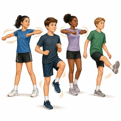 Students warm up with light jogging and dynamic movements.