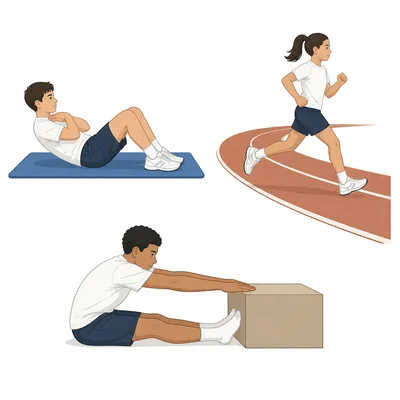 Fitness tests show curl-ups, running, and sit-and-reach.