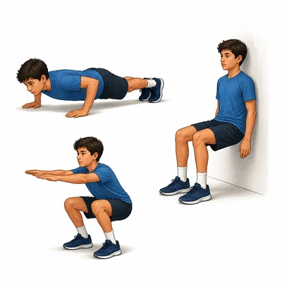 Student demonstrates push-ups, wall sits, and squats.