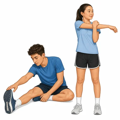 Students perform hamstring and shoulder stretches.