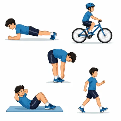 Five activities are shown: plank, biking, toe touch, curl-up, and brisk walking.
