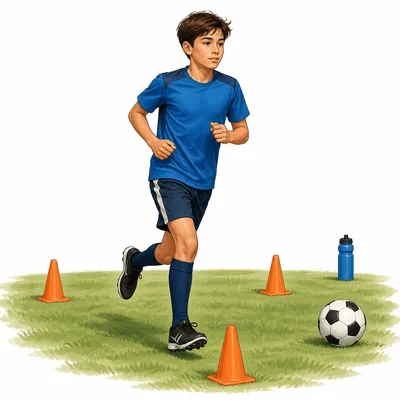Soccer player jogs around cones to build endurance.