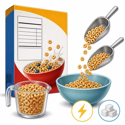 Cereal box, measuring cup, and bowl showing more than one serving of cereal.