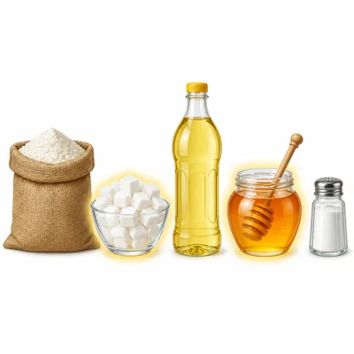 Ingredient objects with sugar and honey highlighted as sweeteners.