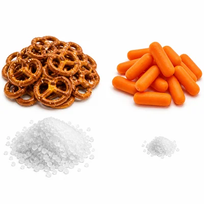 Pretzels and baby carrots compared with different amounts of salt.