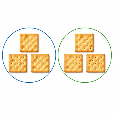 Six crackers arranged into two equal groups.