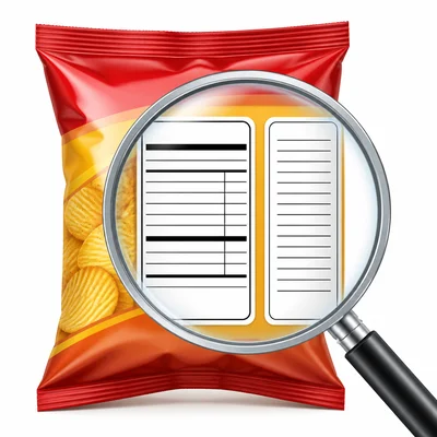 Snack package with blank nutrition and ingredient label areas being examined.
