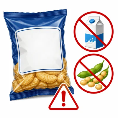 Snack package with milk and soybean allergen symbols.