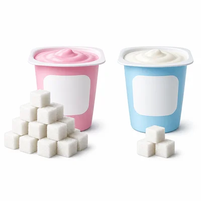 Two yogurt cups compared with different-sized piles of sugar cubes.