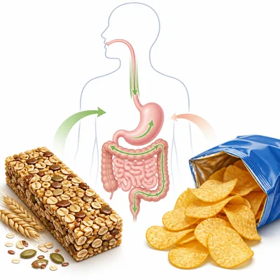 Whole grain bar, chips, and a simple digestive system showing fiber helping digestion.