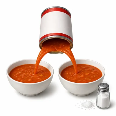 Soup can divided into two bowls with salt crystals nearby.