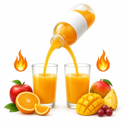 Juice bottle split into two glasses with energy icons.