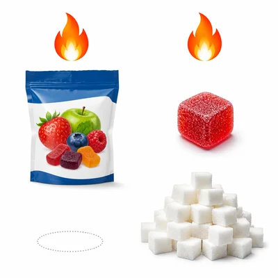 Fruit snack and candy with equal energy icons but different added sugar amounts.