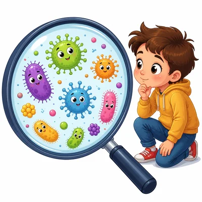 A child looks at colorful germs through a magnifying glass.