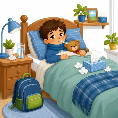 A sick child rests at home to avoid spreading germs at school.