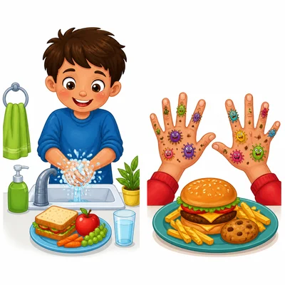 One scene shows handwashing before eating, and another shows dirty hands near food.