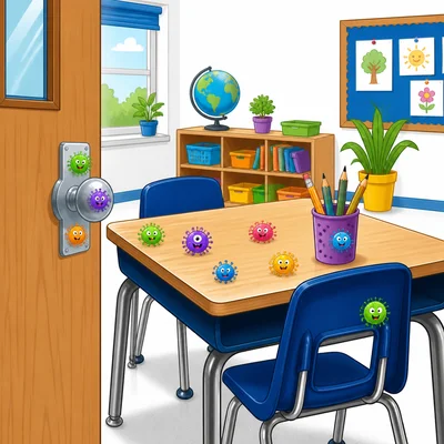 A classroom doorknob and desk show tiny germs on shared surfaces.