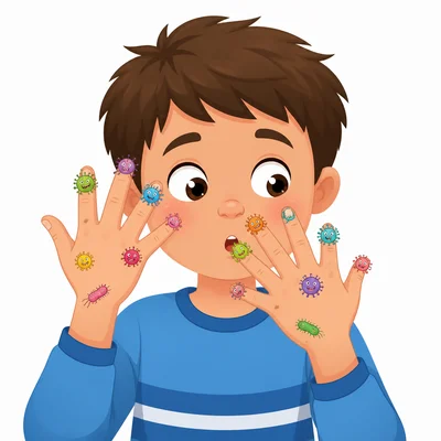 Germy hands are shown near a child’s eyes, nose, and mouth.