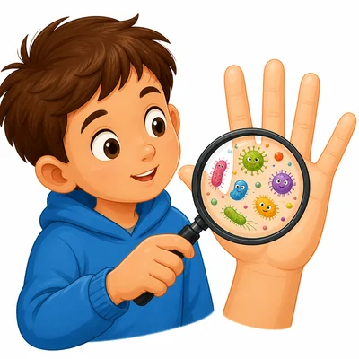 A magnifying glass reveals germs on a hand that looks clean.