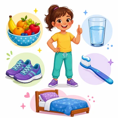 A child is surrounded by healthy habits like fruit, water, exercise, brushing teeth, and sleep.