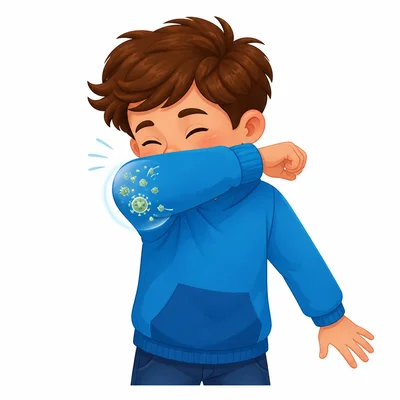 A child sneezes into their elbow.