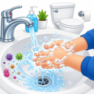 Hands are washed with soap and water at a bathroom sink.
