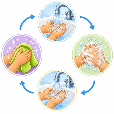 Four handwashing steps show wetting, scrubbing, rinsing, and drying hands.