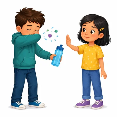 A child politely refuses a sip from a coughing friend’s water bottle.