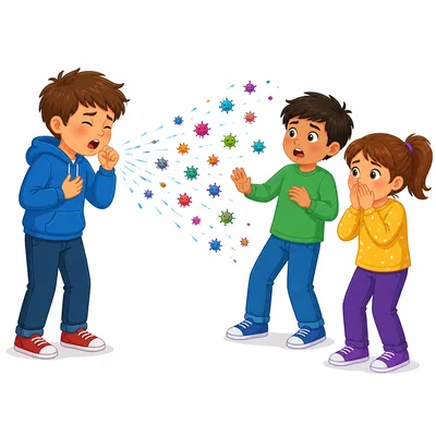 Germ droplets spread through the air when a child coughs near others.