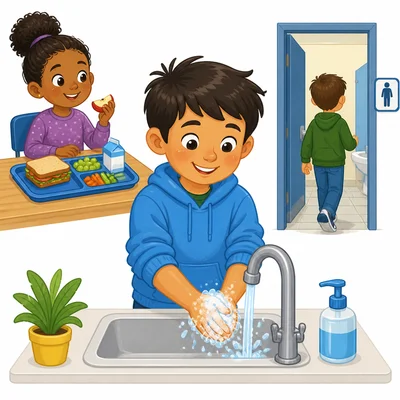 A student washes hands at school near lunch and restroom items.