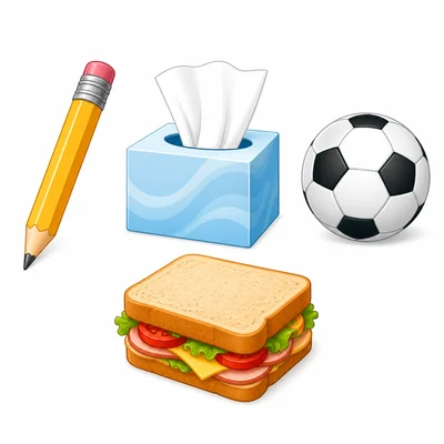A pencil, tissue, soccer ball, and sandwich are shown as choices.
