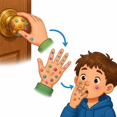 Germs move from a doorknob to a hand and then toward a child’s face.