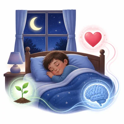A child sleeping peacefully with symbols for growth and emotional health.