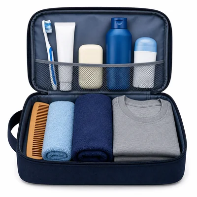An open hygiene kit with toothbrush, soap, shampoo, deodorant, comb, towel, and clean clothes.
