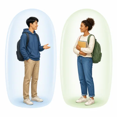 Two students standing apart with personal-space bubbles around them.