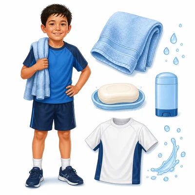 A sweaty student with hygiene items such as soap, towel, deodorant, and a clean shirt.