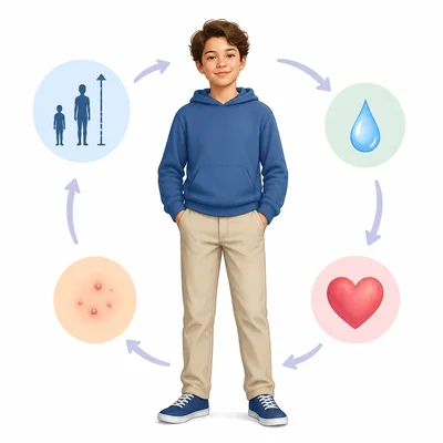 A preteen surrounded by icons representing growth, sweat, skin changes, and emotions.