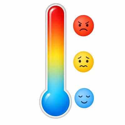 A color feeling thermometer from calm blue to angry red with face icons.