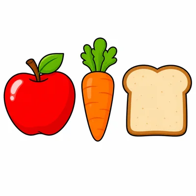 Apple, carrot, and bread shown side by side.