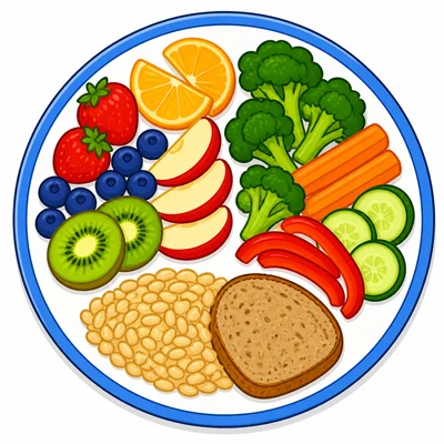 A plate with fruits, vegetables, and a grain food.