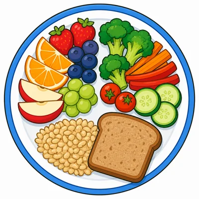 A plate with fruits, vegetables, and a grain food.