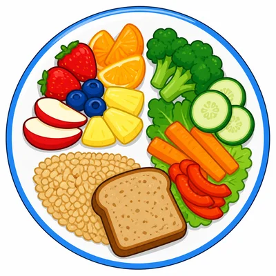 A plate with fruits, vegetables, and a grain food.