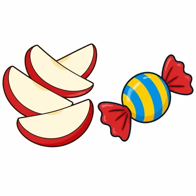 Apple slices and candy shown side by side.