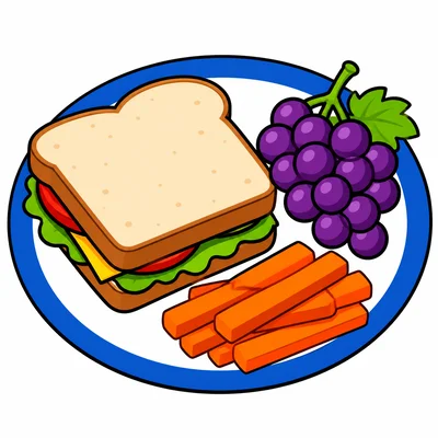 A lunch plate with a sandwich, carrot sticks, and grapes.