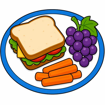 A lunch plate with a sandwich, carrot sticks, and grapes.