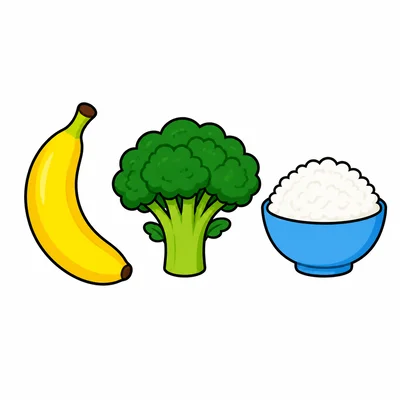 Banana, broccoli, and rice shown side by side.